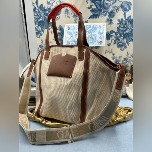 🆕 GANNI 🧿 NWT Small Banner Tote, Egret Cream Canvas & Tan Leather - Picture 6 of 14